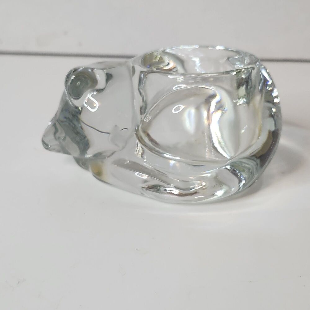 Vintage Indiana Glass Sleeping Cat Tea Light Votive Candle Holder Clear Glass 5”